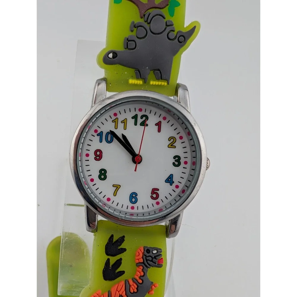 Kids Dinosaur Watch Silver 27mm Case Green‎ Silicone Band- New Battery